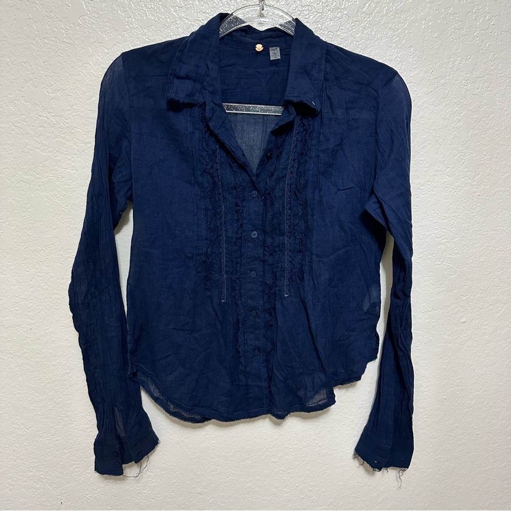 New Free People navy blue Drew Tuxedo Shirt size XS - Picture 2 of 9